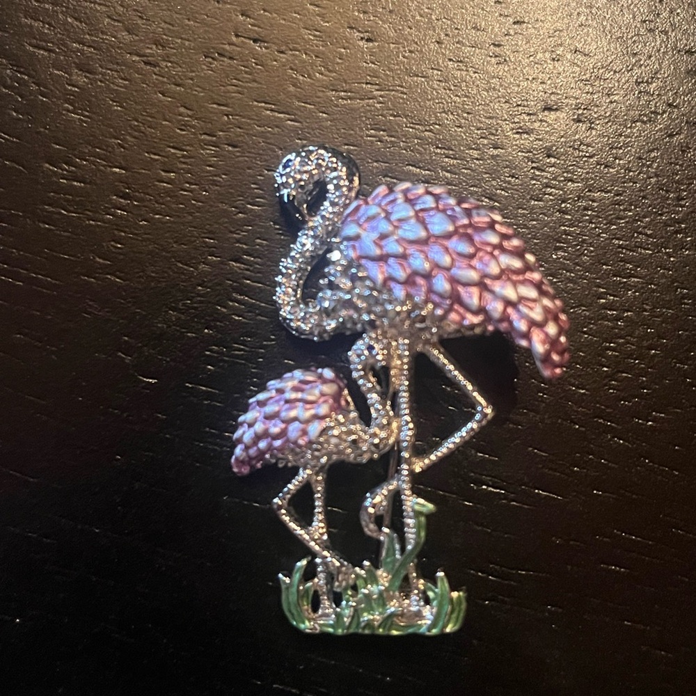 Vintage Style Pink and Silver Flamingo Enamel Brooch